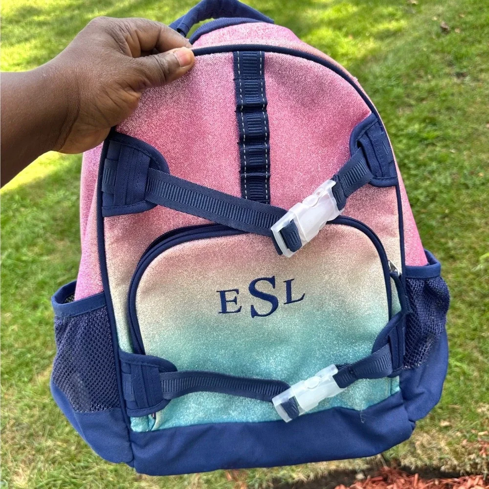 Pottery Barn Kids Mackenzie Ombre Glitter Backpack Pink Blue Navy Monogram ESL